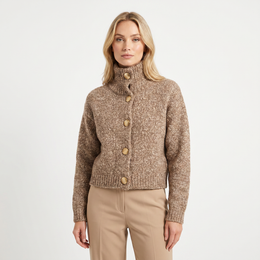 Women's Fluffy Cardigan Funnel-Neck Button-Front Cropped Boxy Marl Knit Edenforth