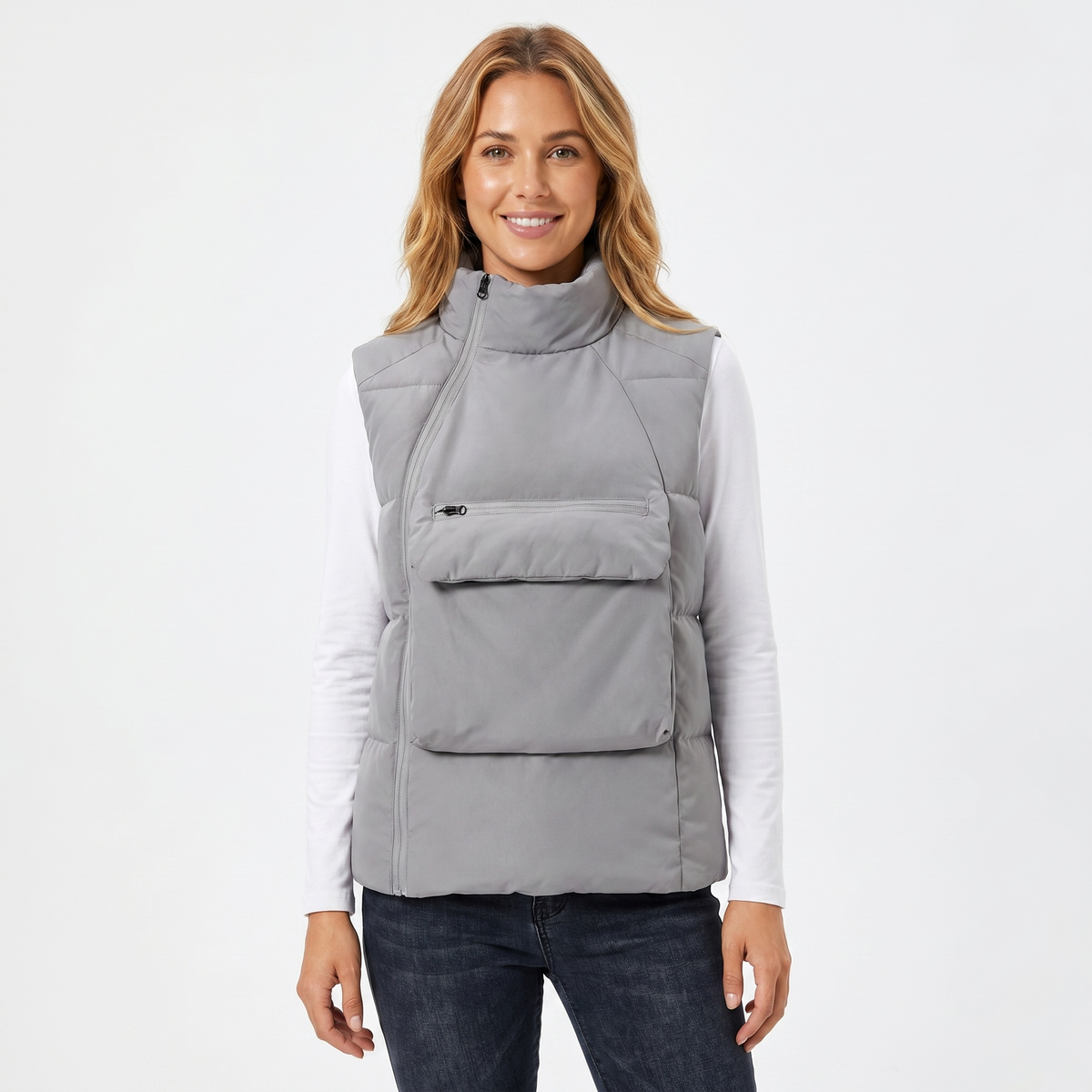 Women's Quilted Jacket Sleeveless Puffer Vest Stand Collar Zip Chest Pocket Edenforth