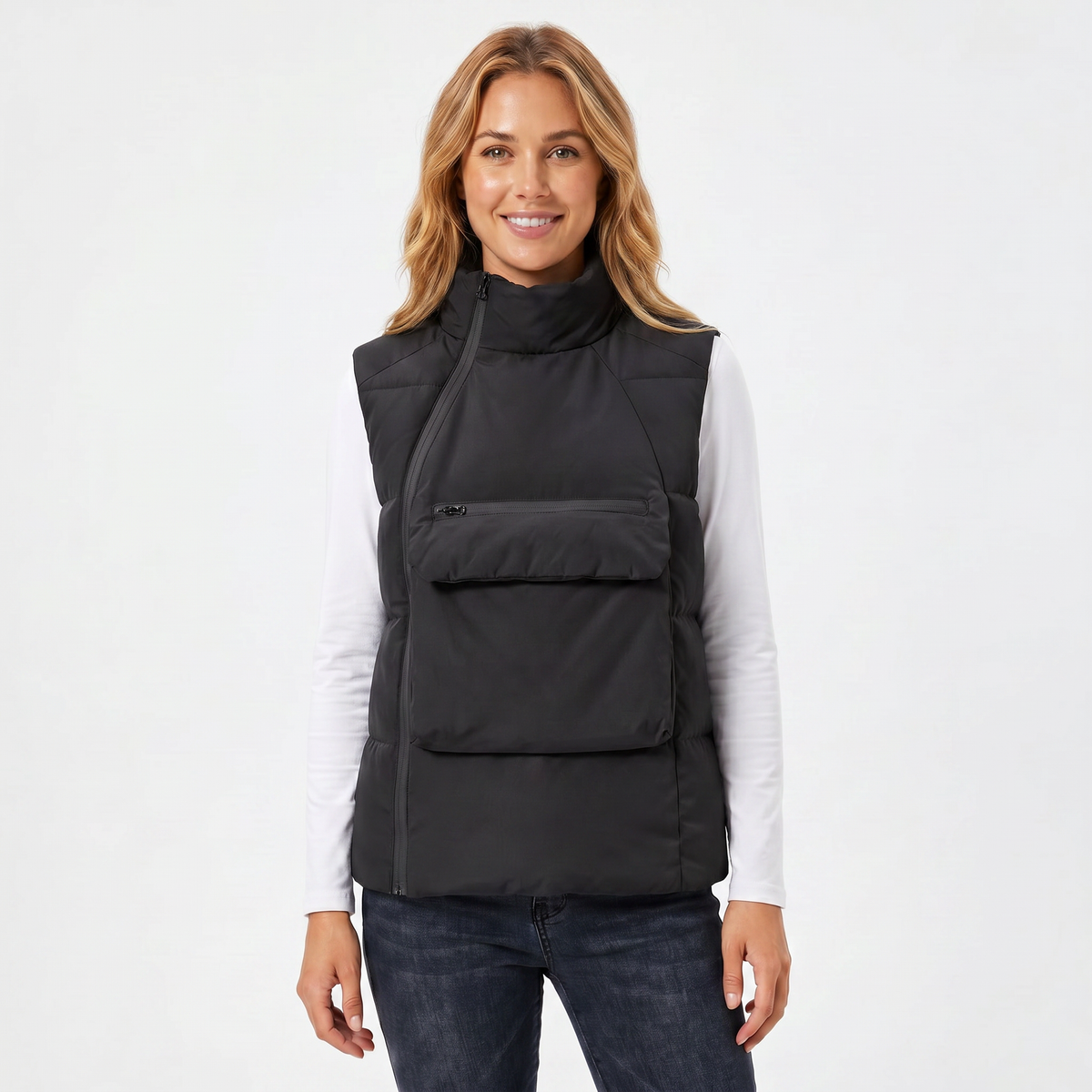 Women's Quilted Jacket Sleeveless Puffer Vest Stand Collar Zip Chest Pocket Edenforth