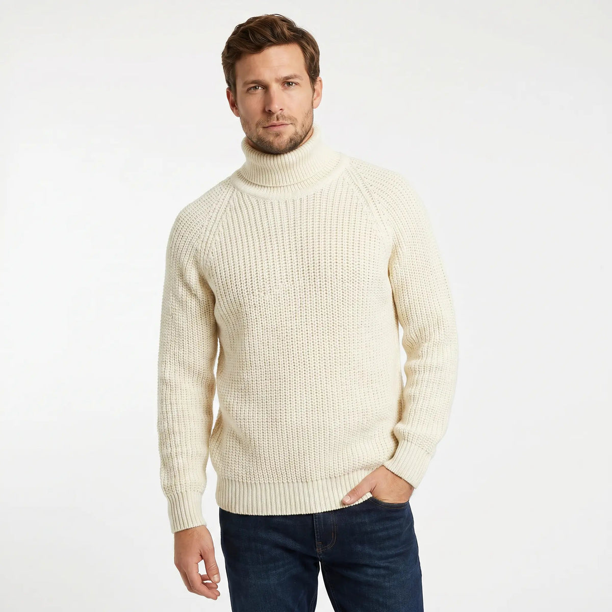 Men's Roll Neck Winter Sweater Chunky Waffle Knit Raglan Sleeve Edenforth
