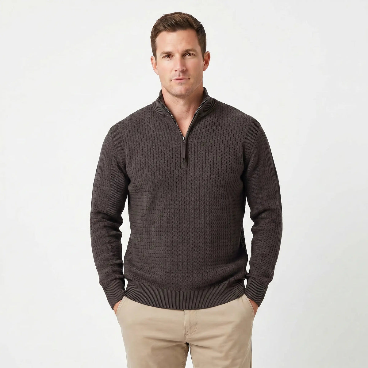 Men's Half-Zip Winter Sweater Textured Knit Ribbed Hem and Cuffs Edenforth
