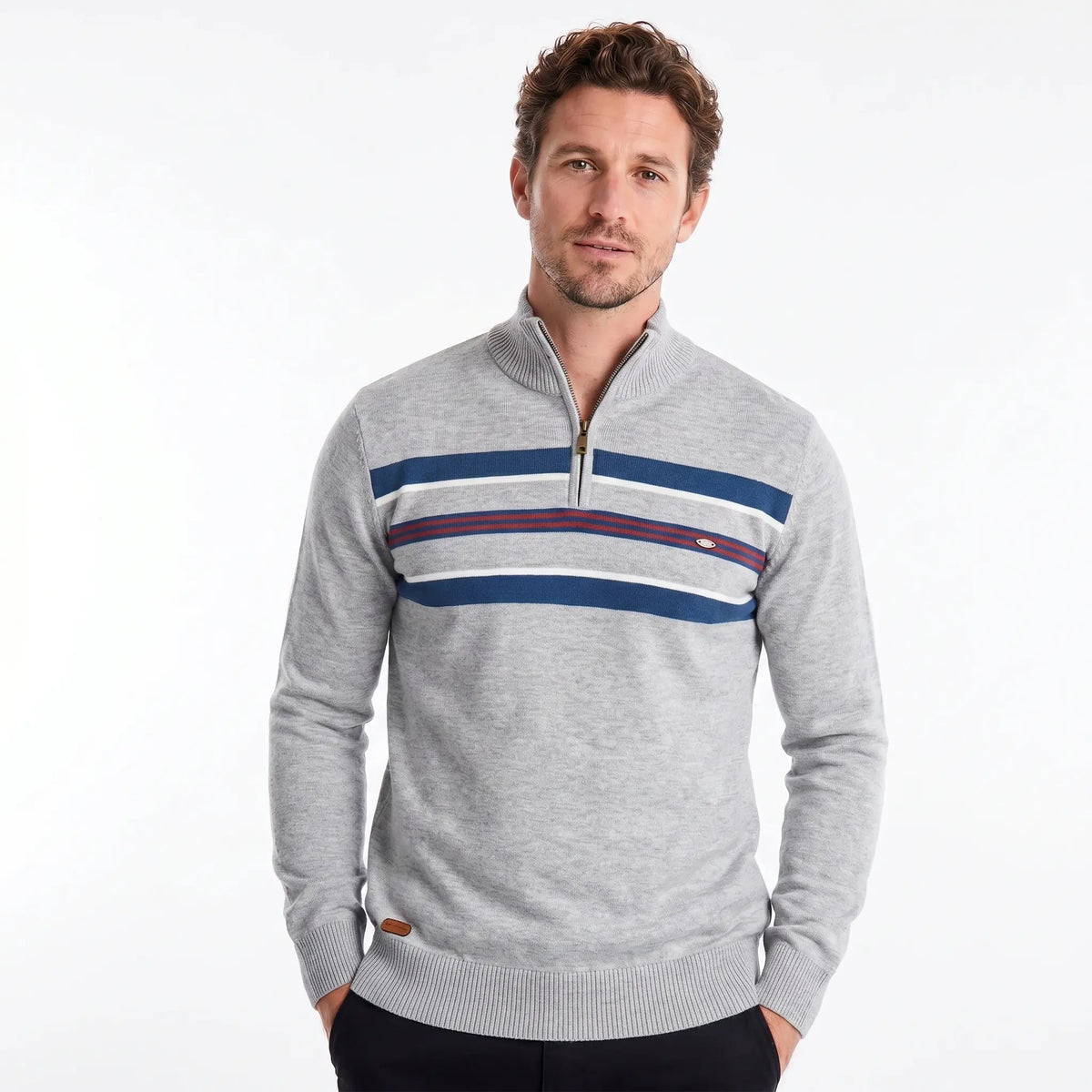 Men's Knit Quarter Zip Chest Stripe Ribbed Hem Winter Edenforth