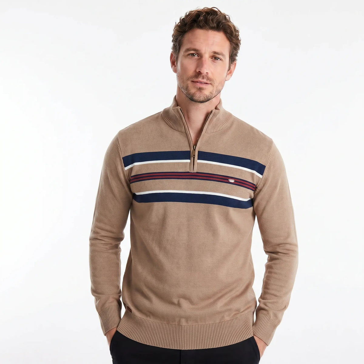 Men's Knit Quarter Zip Chest Stripe Ribbed Hem Winter Edenforth