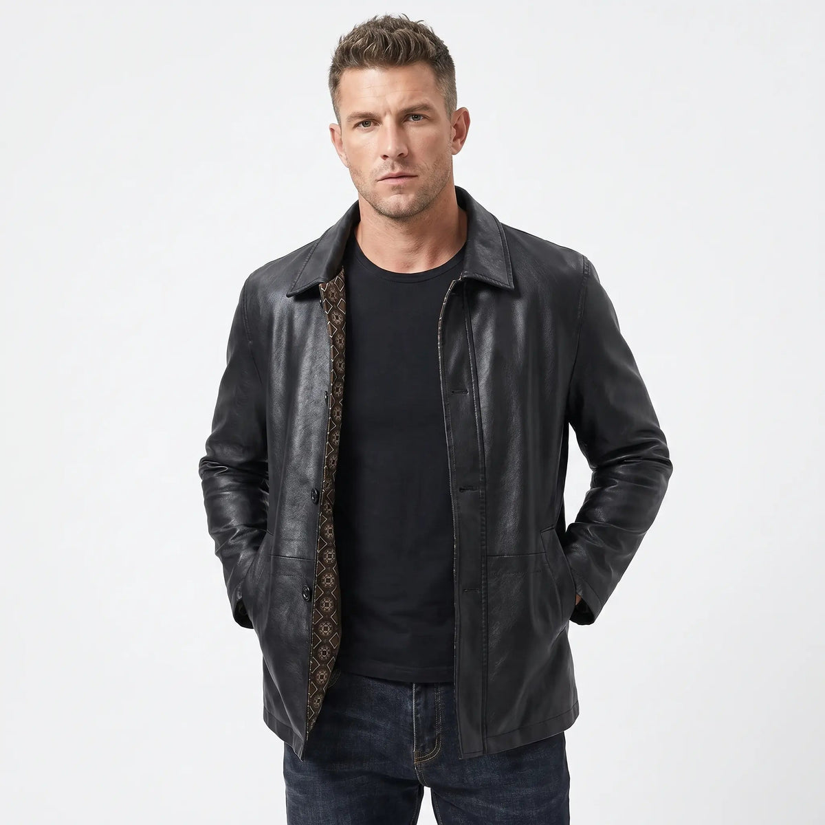 Men's Leather Fall Jacket Point Collar Button-Front Hip Length Edenforth