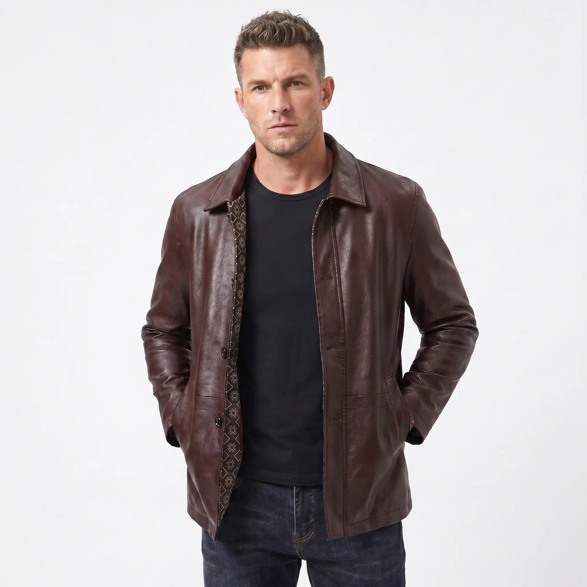 Men's Leather Fall Jacket Point Collar Button-Front Hip Length Edenforth