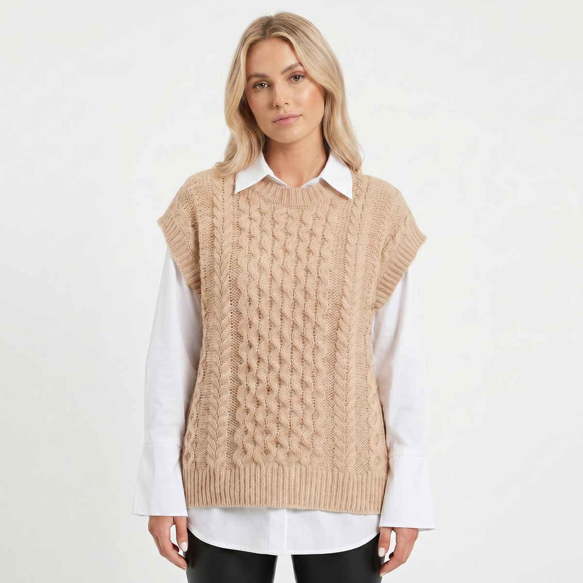 Women's Cable Knit Vest Sleeveless Crew-Neck Winter Sweater Edenforth