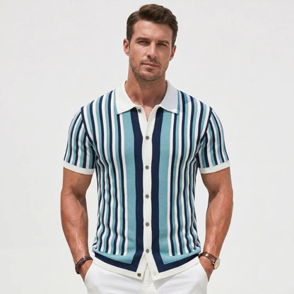 Men's Striped Knit Polo Winter Shirt Short-Sleeve Button-Front Edenforth