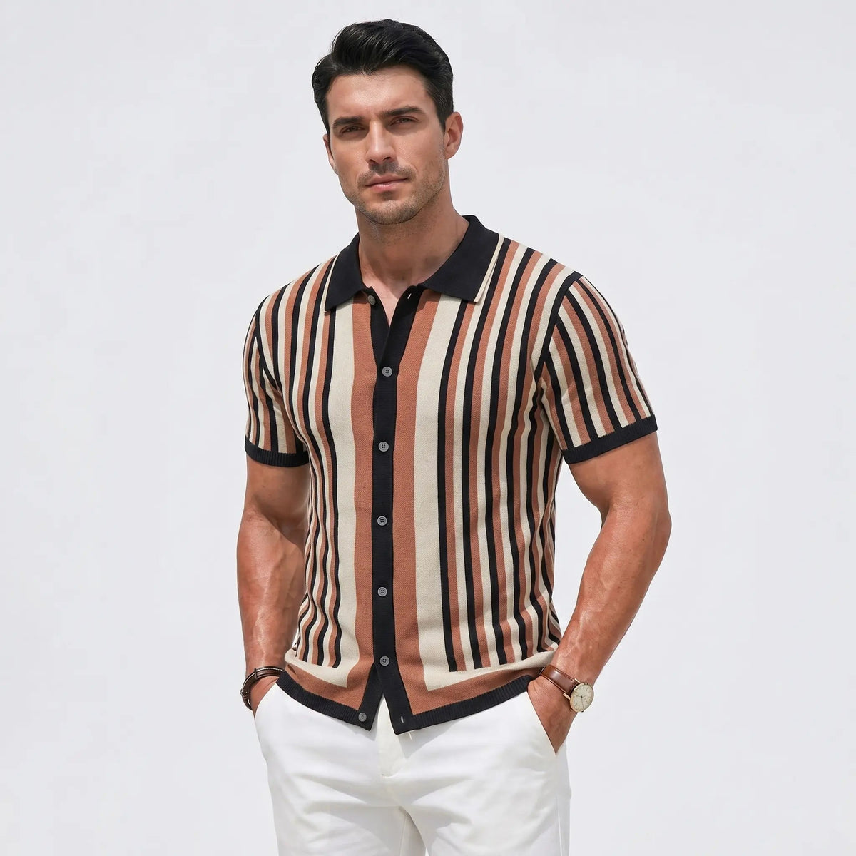 Men's Striped Knit Polo Winter Shirt Short-Sleeve Button-Front Edenforth