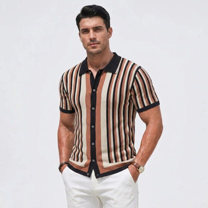 Men's Striped Knit Polo Winter Shirt Short-Sleeve Button-Front Edenforth