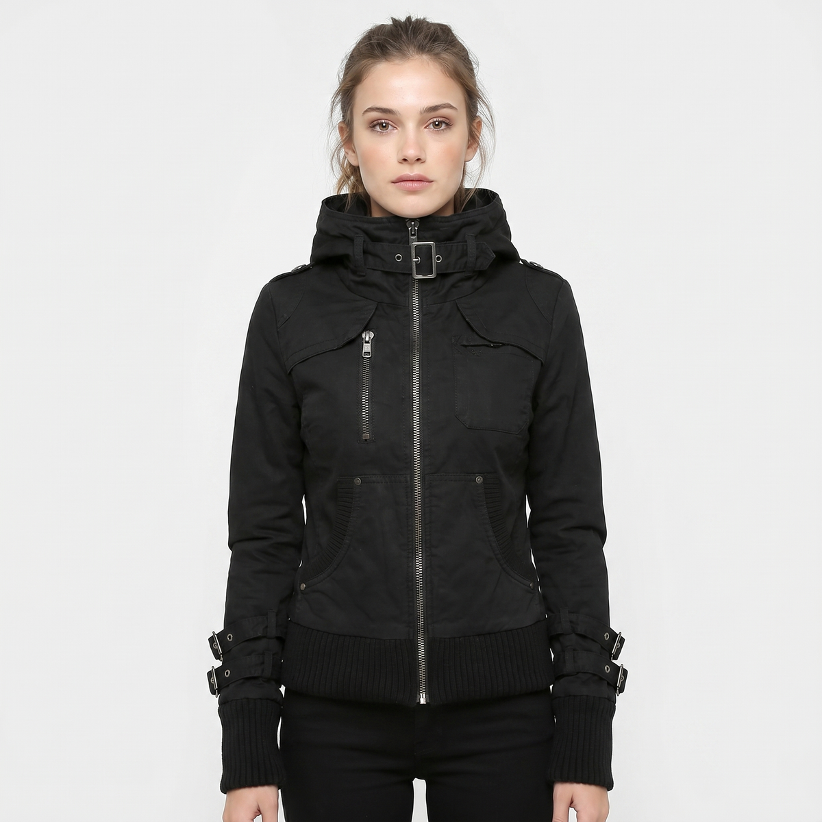 Women's Hooded Bomber Jacket Zip-Up Buckle Detail Military Utility Edenforth