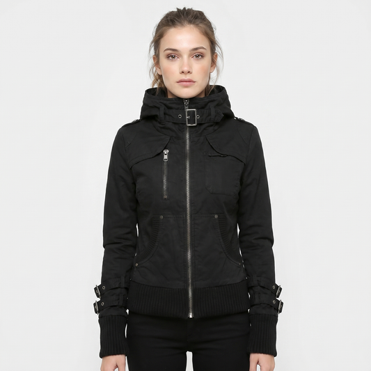 Women's Hooded Bomber Jacket Zip-Up Buckle Detail Military Utility Edenforth