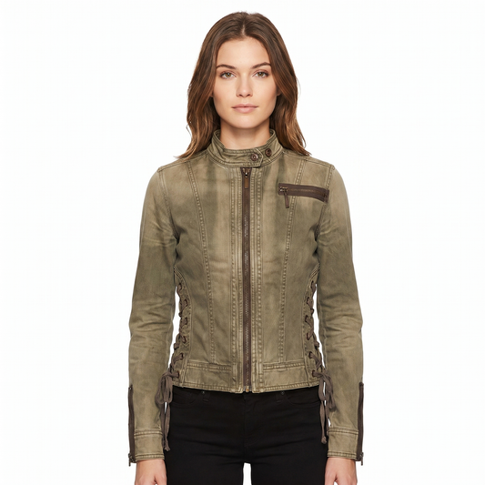 Women's Lace-Up Side Moto Jacket Zip-Up Stand Collar Military Biker Edenforth