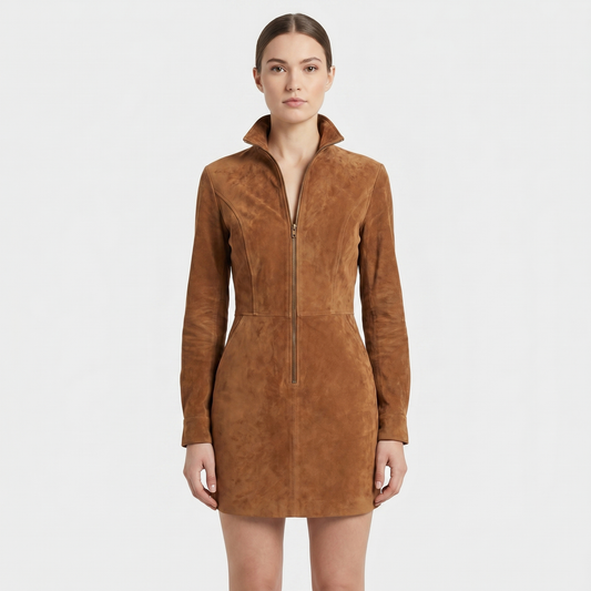 Women's Suede Zip-Up Mini Dress Long-Sleeve Stand Collar Fitted Bodycon Edenforth