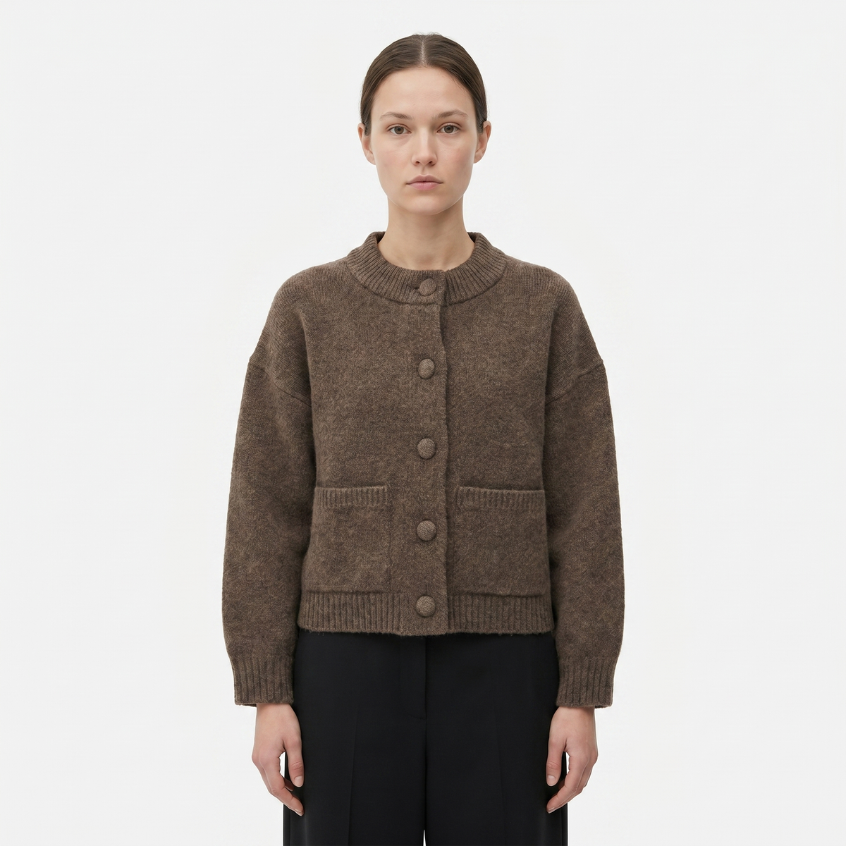 Women's Cropped Knit Cardigan Button Front Patch Pocket Boxy Wool Sweater Edenforth