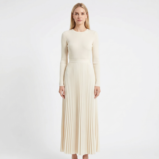 Women's Knit Maxi Winter Dress Long-Sleeve Ribbed Bodice Pleated A-Line Edenforth