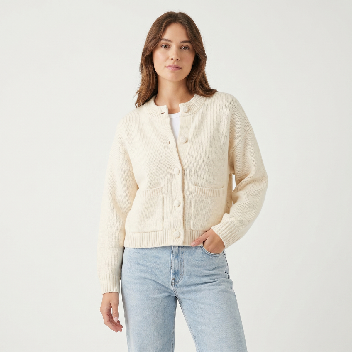 Women's Cropped Wool Blend Cardigan Button Front Crew-Neck Patch Jacket Edenforth