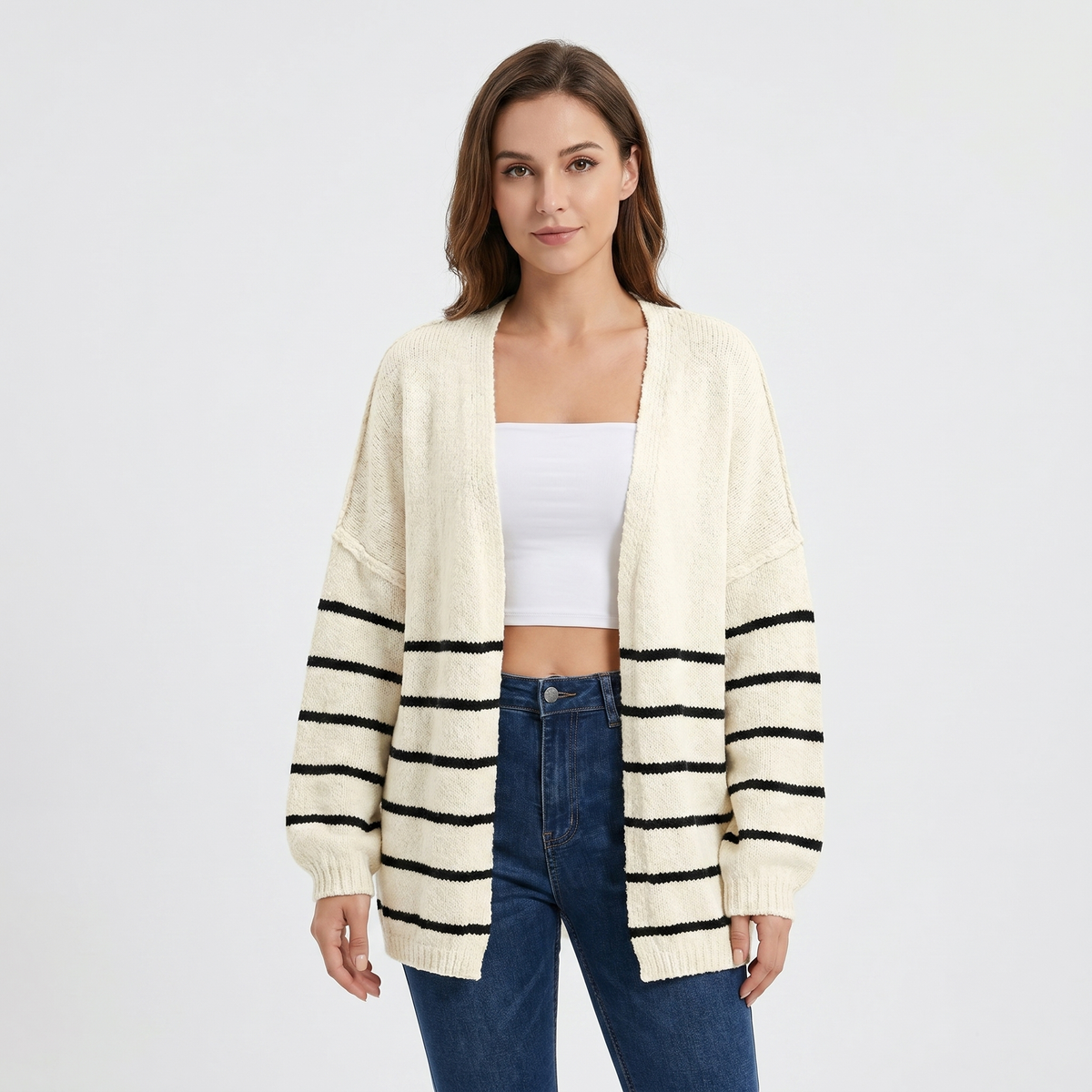 Women's Striped Open-Front Cardigan Oversized Balloon Sleeve Soft Sweater Edenforth