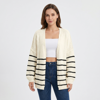 Women's Striped Open-Front Cardigan Oversized Balloon Sleeve Soft Sweater Edenforth