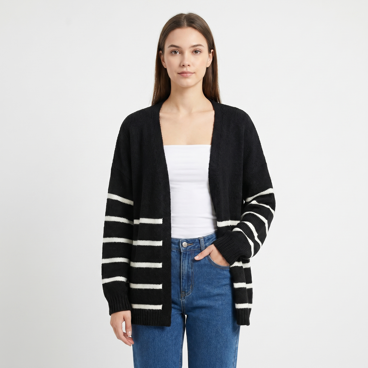Women's Striped Open-Front Cardigan Oversized Balloon Sleeve Soft Sweater Edenforth