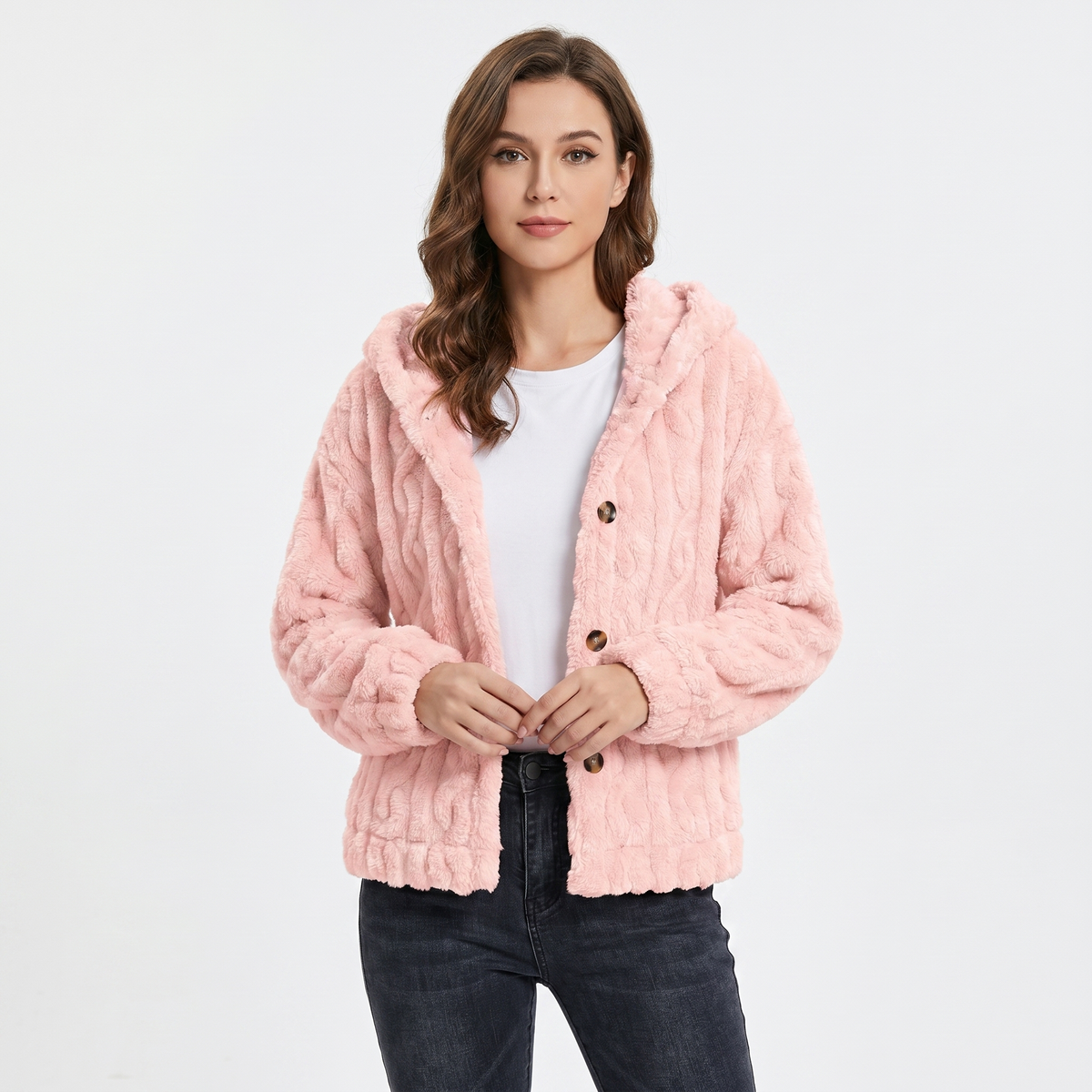 Women's Fluffy Fleece Cable Texture Hooded Cardigan Button Front Jacket Edenforth