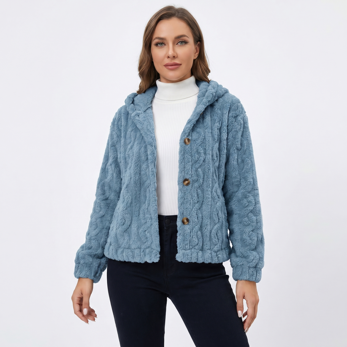 Women's Fluffy Fleece Cable Texture Hooded Cardigan Button Front Jacket Edenforth