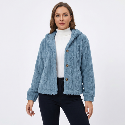 Women's Fluffy Fleece Cable Texture Hooded Cardigan Button Front Jacket Edenforth