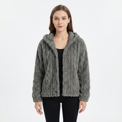 Women's Fluffy Fleece Cable Texture Hooded Cardigan Button Front Jacket Edenforth