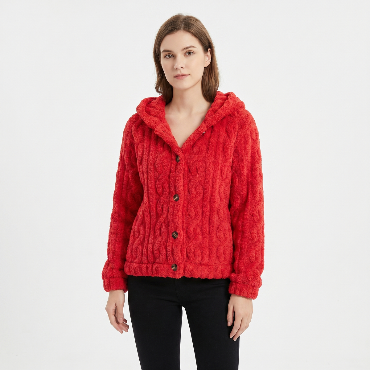 Women's Fluffy Fleece Cable Texture Hooded Cardigan Button Front Jacket Edenforth