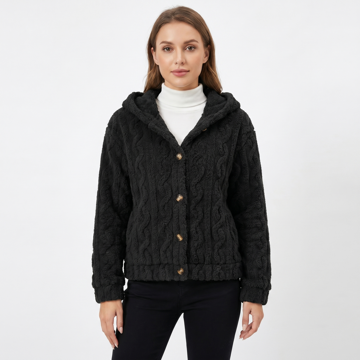 Women's Fluffy Fleece Cable Texture Hooded Cardigan Button Front Jacket Edenforth
