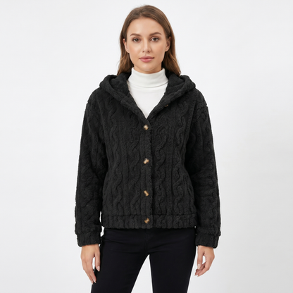 Women's Fluffy Fleece Cable Texture Hooded Cardigan Button Front Jacket Edenforth