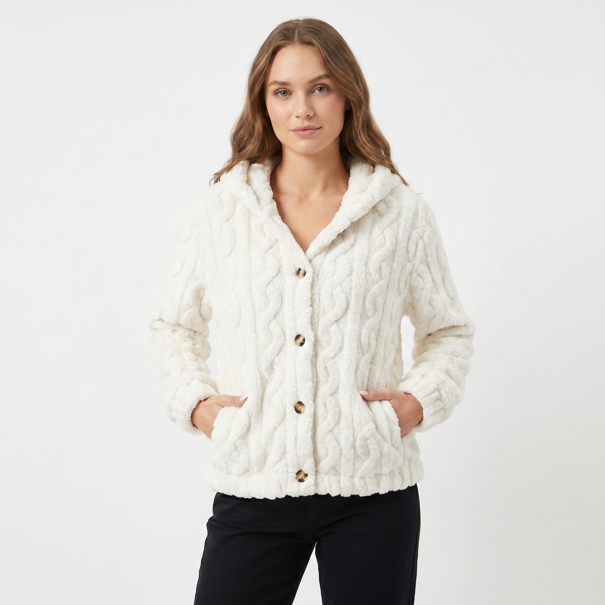 Women's Fluffy Fleece Cable Texture Hooded Cardigan Button Front Jacket Edenforth
