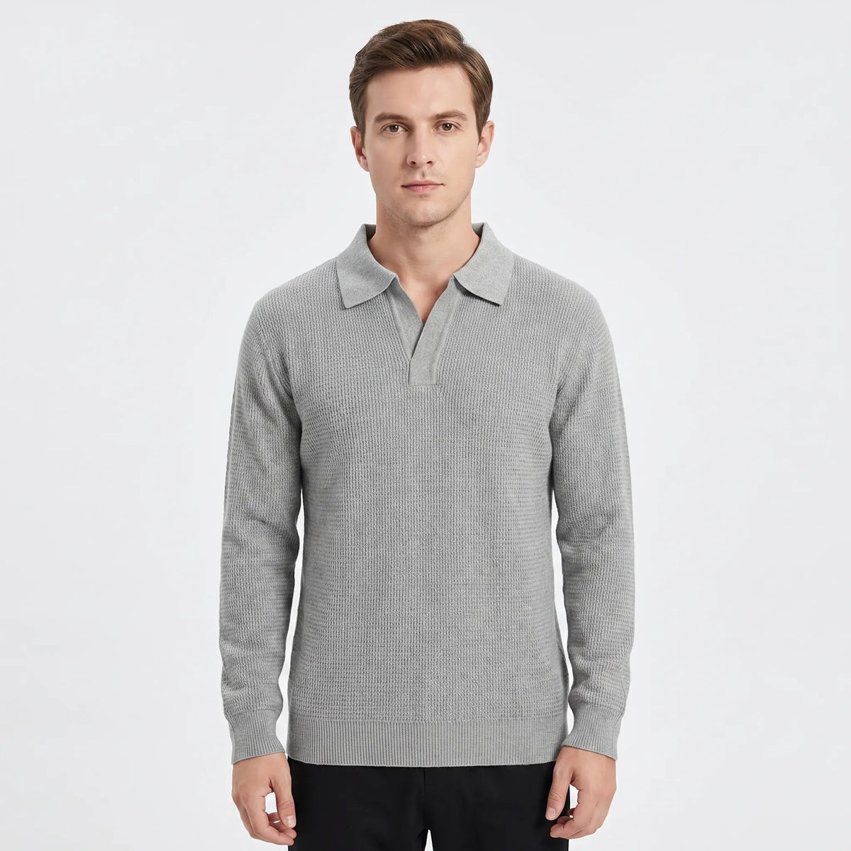 Men's Waffle Knit Long-Sleeve Polo Winter Sweater Open Collar Relaxed-Fit Edenforth