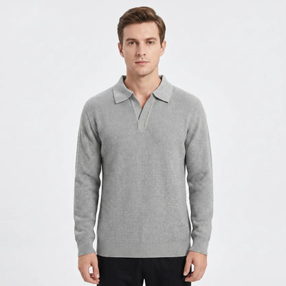 Men's Waffle Knit Long-Sleeve Polo Winter Sweater Open Collar Relaxed-Fit Edenforth