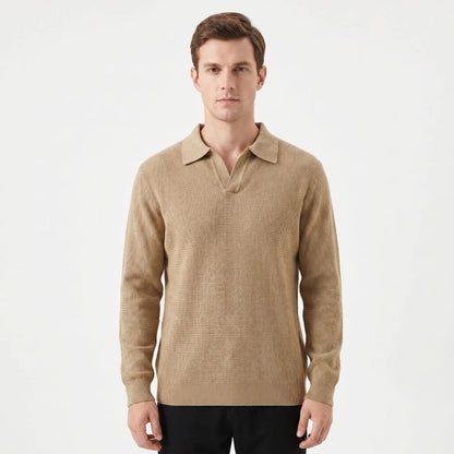 Men's Waffle Knit Long-Sleeve Polo Winter Sweater Open Collar Relaxed-Fit Edenforth