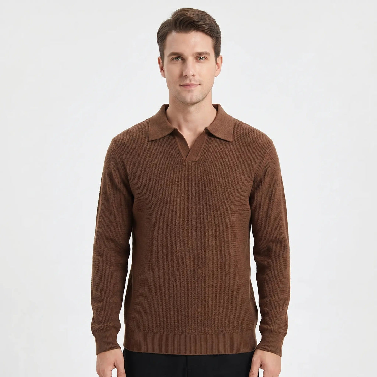 Men's Waffle Knit Long-Sleeve Polo Winter Sweater Open Collar Relaxed-Fit Edenforth