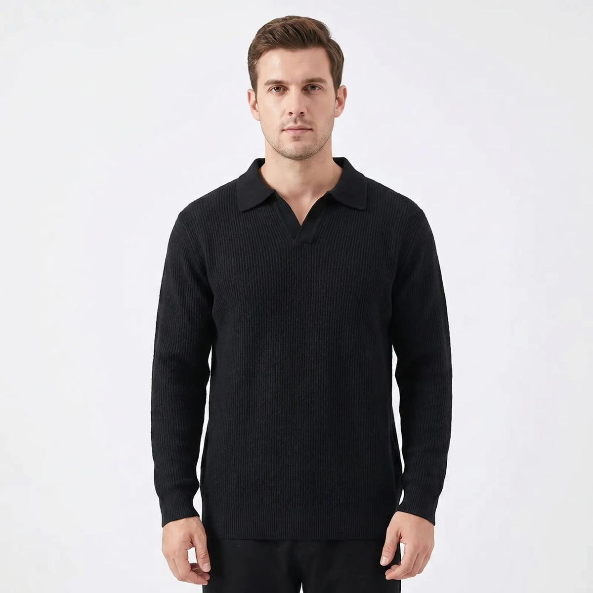 Men's Waffle Knit Long-Sleeve Polo Winter Sweater Open Collar Relaxed-Fit Edenforth