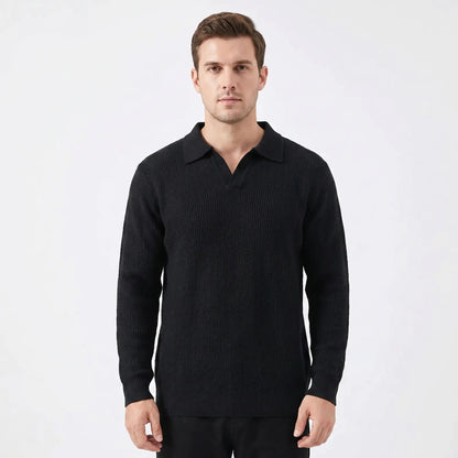Men's Waffle Knit Long-Sleeve Polo Winter Sweater Open Collar Relaxed-Fit Edenforth