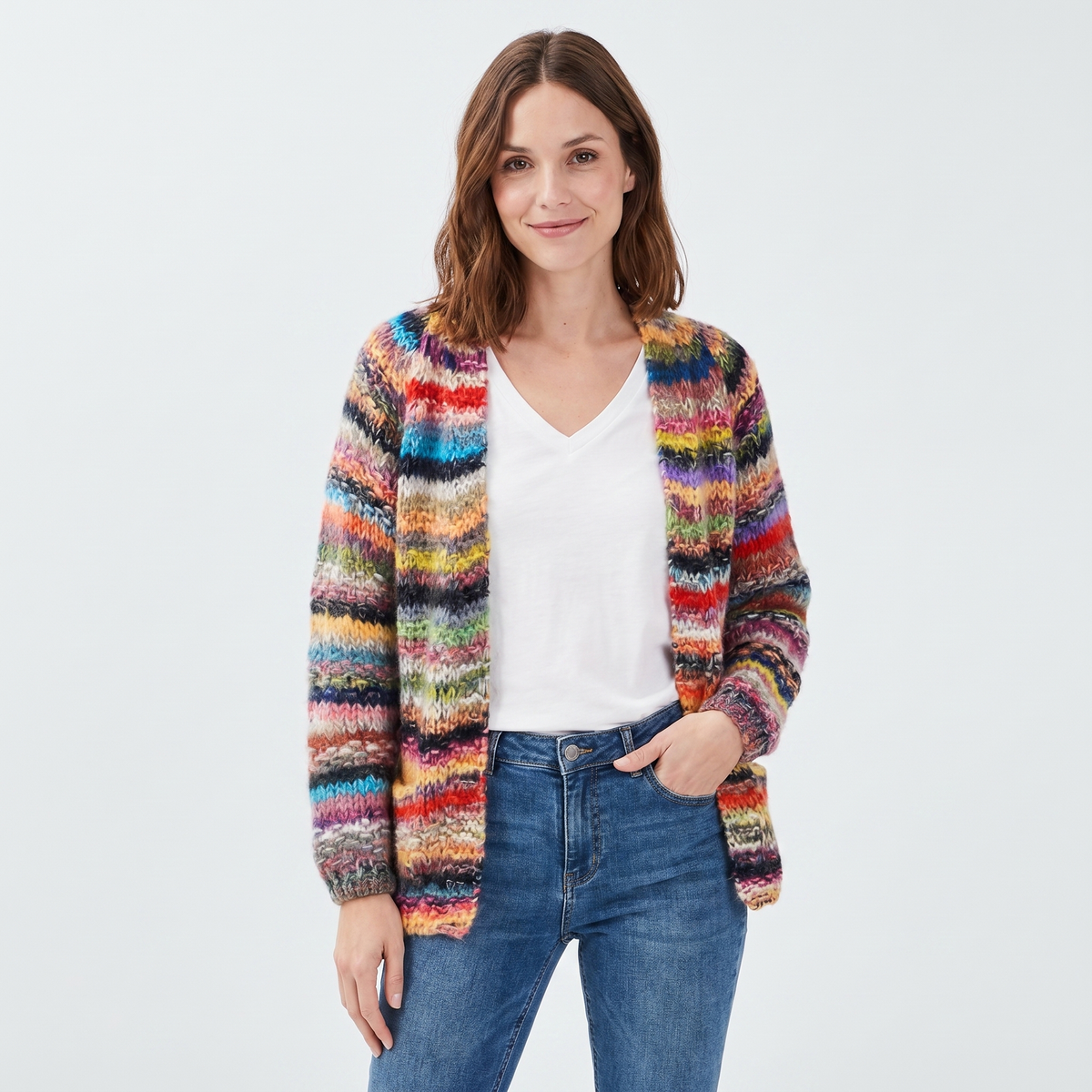 Women's Multicolour Space Dye Cardigan Open-Front Fluffy Chunky Sweater Edenforth