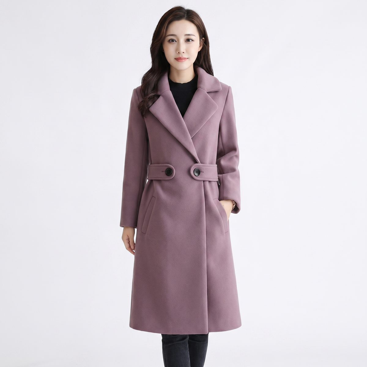 Women's Wool Blend Longline Coat Notch Lapel Double Button A-Line Jacket Edenforth