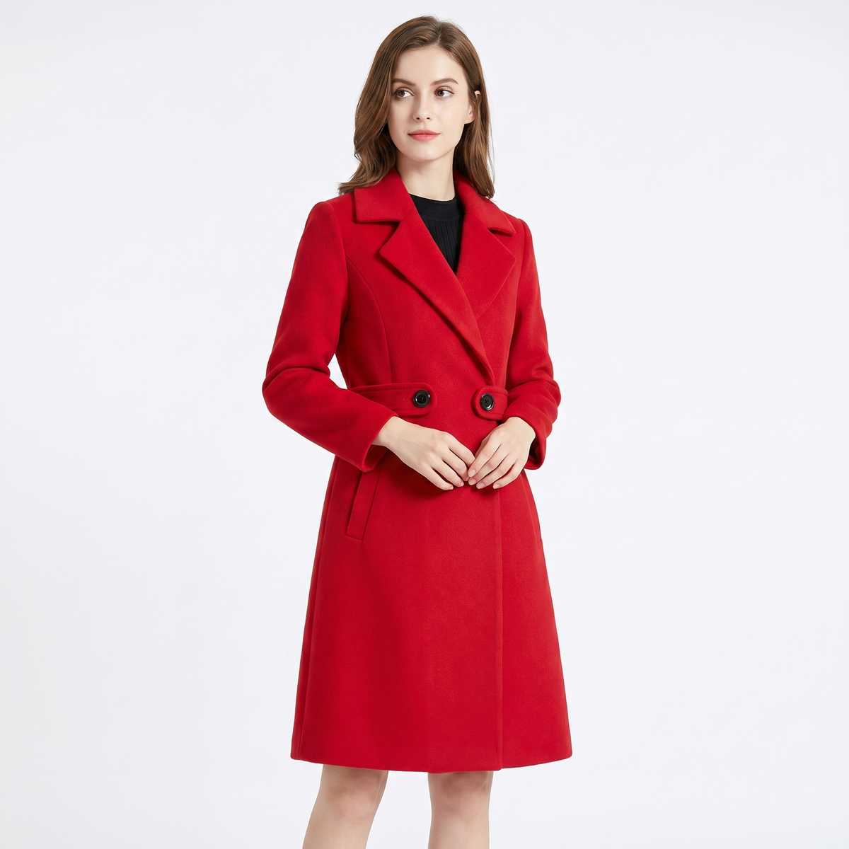 Women's Wool Blend Longline Coat Notch Lapel Double Button A-Line Jacket Edenforth
