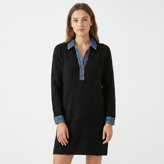 Women's Ribbed Knit Sweater Dress Denim Collar Button Placket Long-Sleeve Edenforth