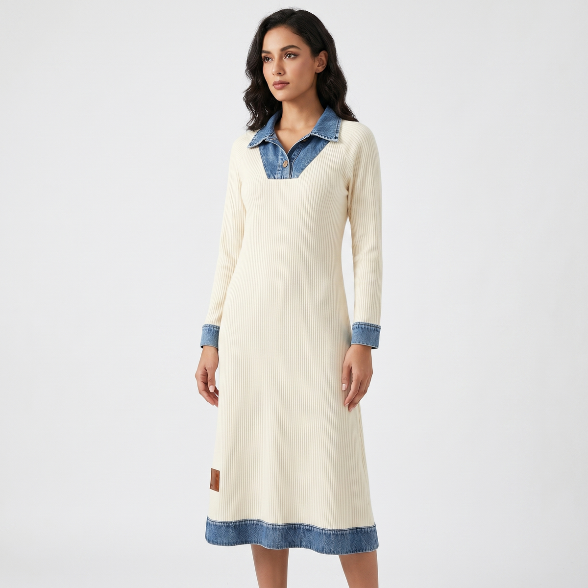 Women's Denim Midi Dress Contrast Knit Trim V-Neck Long-Sleeve A-Line Edenforth