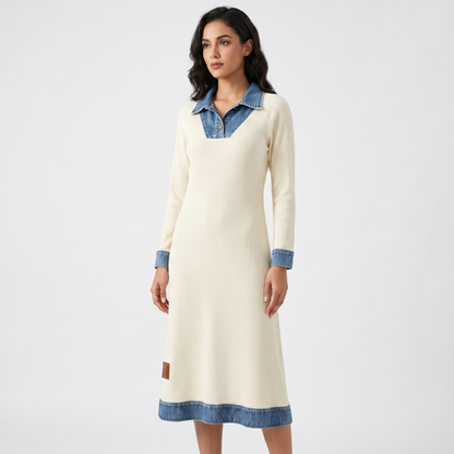Women's Denim Midi Dress Contrast Knit Trim V-Neck Long-Sleeve A-Line Edenforth