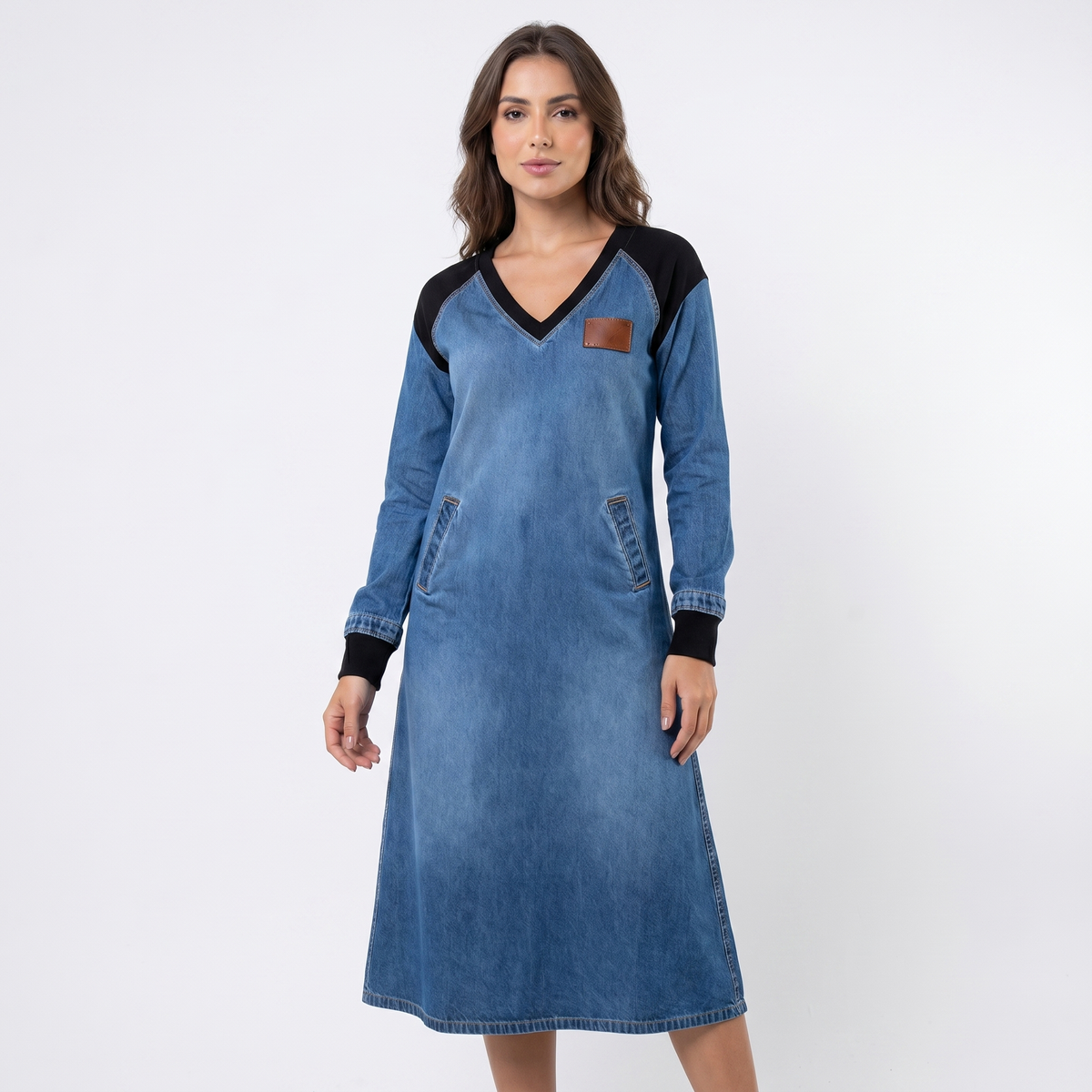 Women's Denim Midi Dress Contrast Knit Trim V-Neck Long-Sleeve A-Line Edenforth