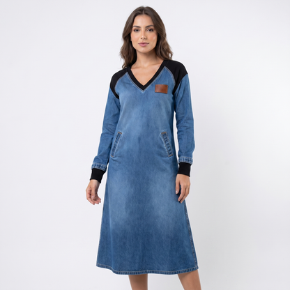 Women's Denim Midi Dress Contrast Knit Trim V-Neck Long-Sleeve A-Line Edenforth