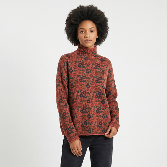 Women's Floral Jacquard Knit Sweater Oversized Mock-Neck Vintage Print Edenforth
