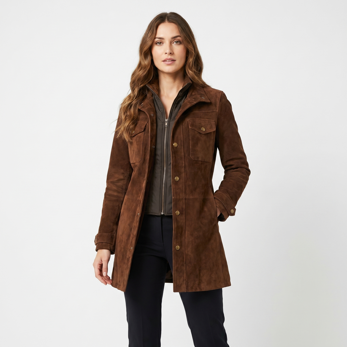 Women's Suede Leather Longline Coat Snap Button Chest Pocket Fitted Jacket Edenforth
