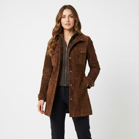Women's Suede Leather Longline Coat Snap Button Chest Pocket Fitted Jacket Edenforth