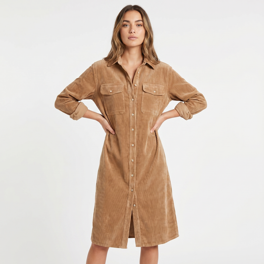 Women's Corduroy Shirt Midi Length Button Front Long-Sleeve Fall Dress Edenforth
