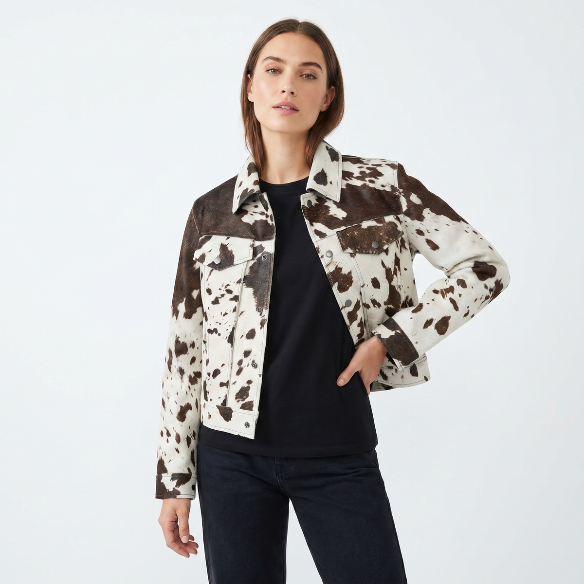 Women's Cow Print Hair On Leather Trucker Jacket Western Snap Button Coat Edenforth